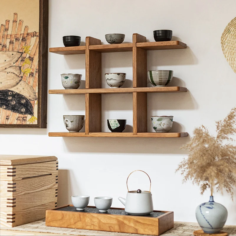 */*Solid Wood Rack Cup Storage Rack Multi-layer Baffle New Chinese Bogu Rack Antique Figure Display Shelf