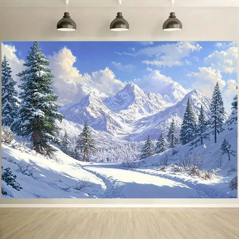 Snowy Alpine Mountain Landscape Tapestry Polyester Wall Art Home Decor Hanging Print Realistic Winter Forest Scenic Decor for Li
