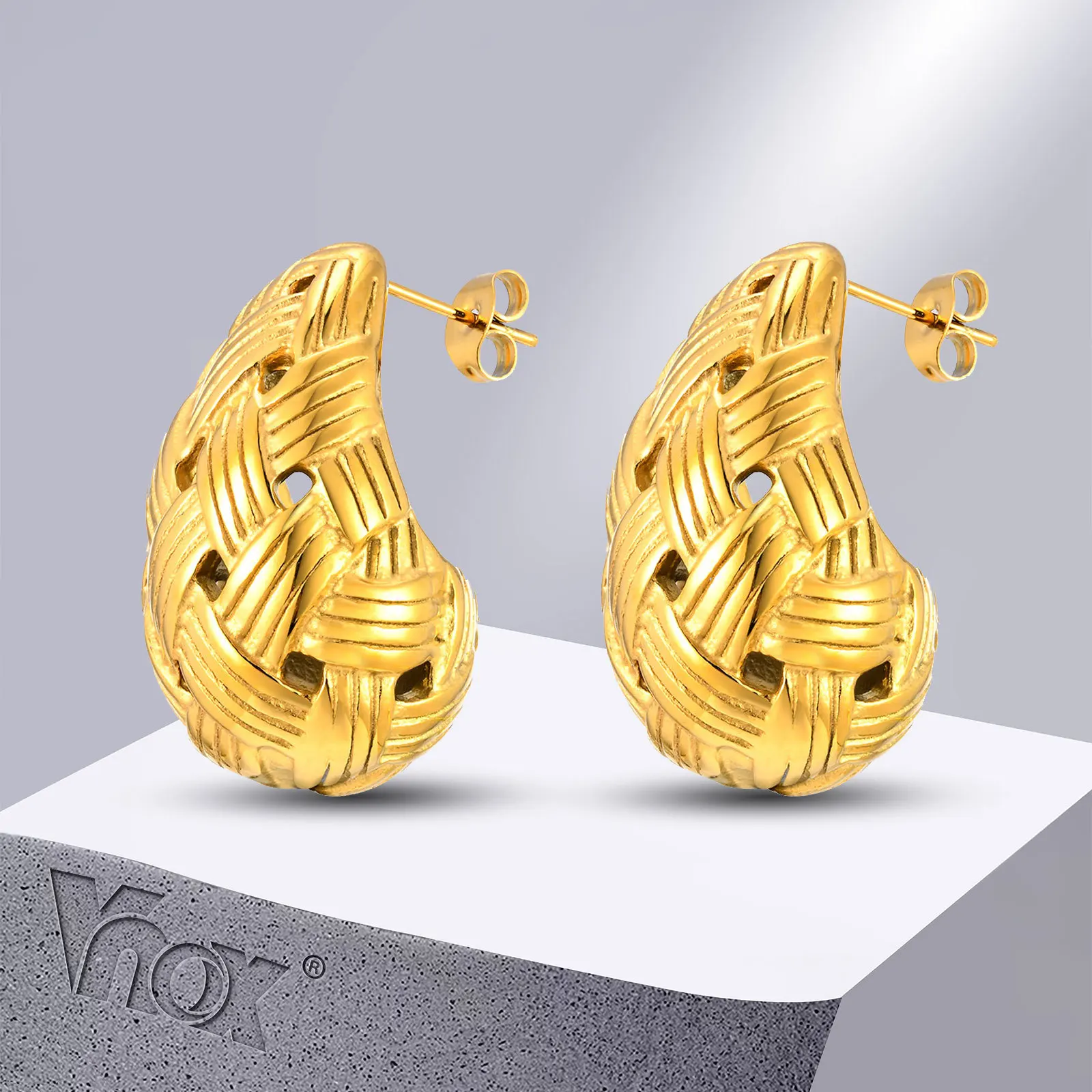 Женские серьги-капельки Vnox, позолоченные металлические плетеные полые серьги из нержавеющей стали, Подарочные ювелирные изделия для нее