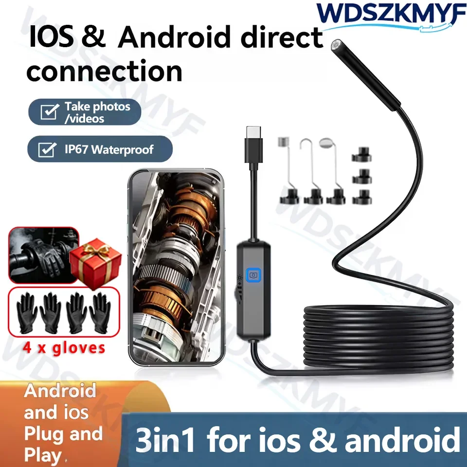 New Industrial Endoscope Camera 8mm HD Mini Inspection Camera for IOS Android IP67 Waterproof Pipeline Borescope Type C micro