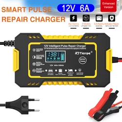 12V 6A Car Battery Charger Pulse Repair LCD Display Smart Fast Charge AGM Deep Cycle GEL Lead-Acid Charger for Auto Motorcycle