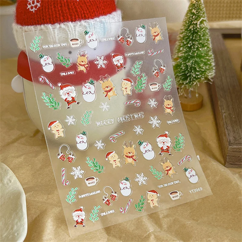 Christmas Nail Art Stickers Embossed Elk Cookie Snowflake Bell Candy Cane Nail Art Decals Adhesive DIY Manicure Salon