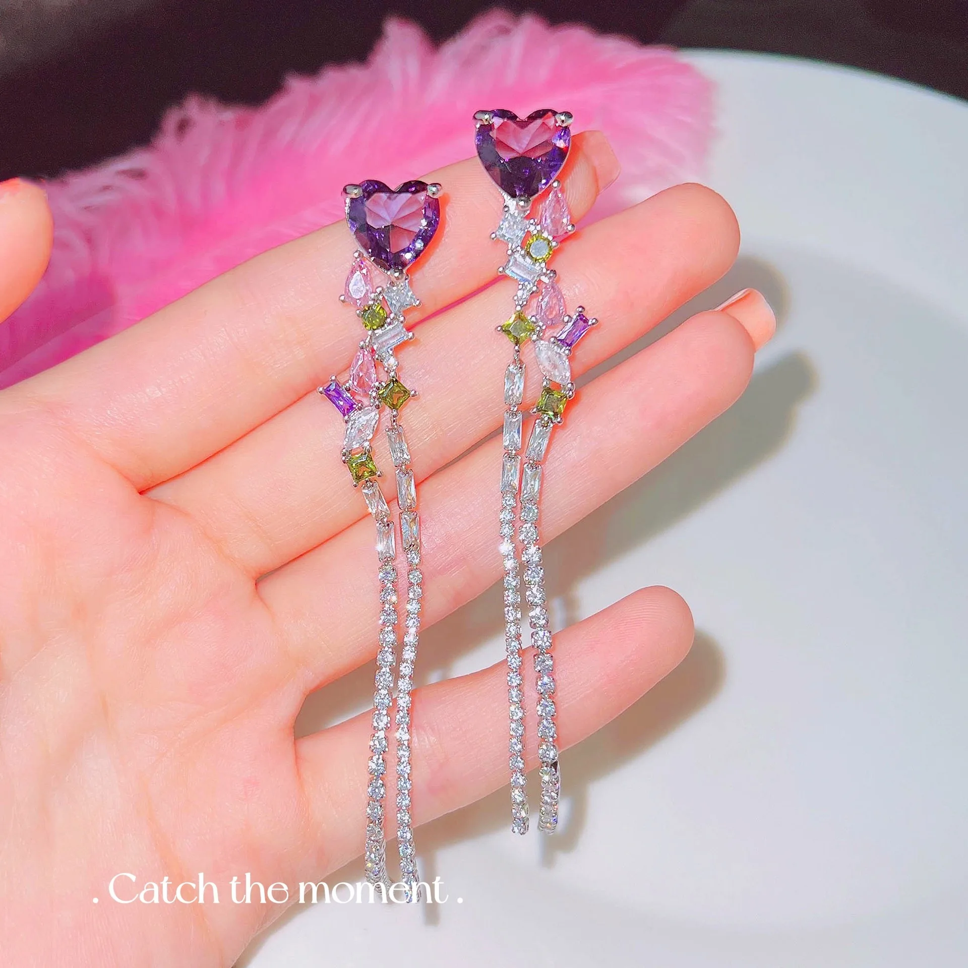 New Fashion Purple Crystal Heart Dangle Earrings for Women Tassel Long Bling Rhinestone Earring Jewelry Wedding Bridal Gifts