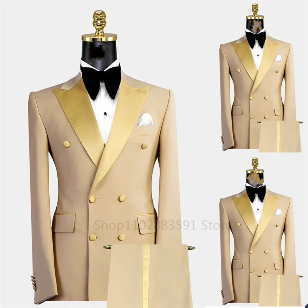 

2 Pieces Men's Suit Double breasted Tuxedos Formal Slim Fit Notch Lapel Party Solid Groom Khaki Suits For Wedding （Blazer+Pants）