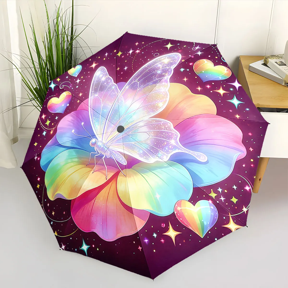 1PC Colorful Butterfly Umbrella with Cosmic Design Print 8 Iron Ribs Folding Umbrella Auto-Open Fashion Sunshade