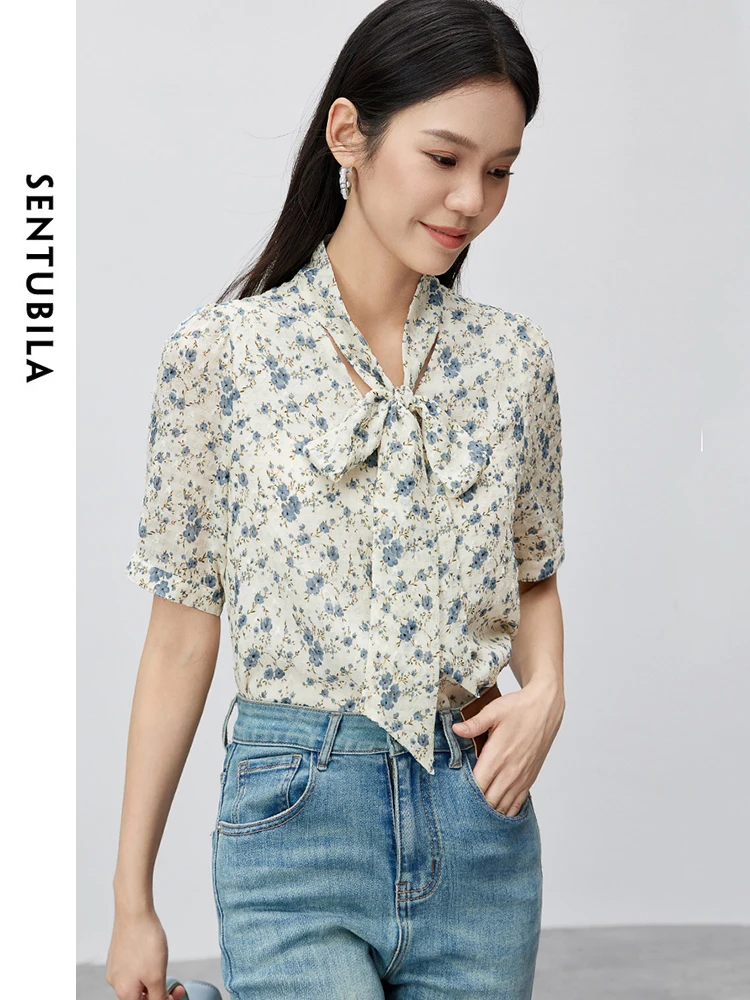 

SENTUBILA Elegant Floral Chiffon Shirt Women 2024 Summer Romantic Printed Bow V-neck Short Sleeve Shirts Blouses Woman 142C55517