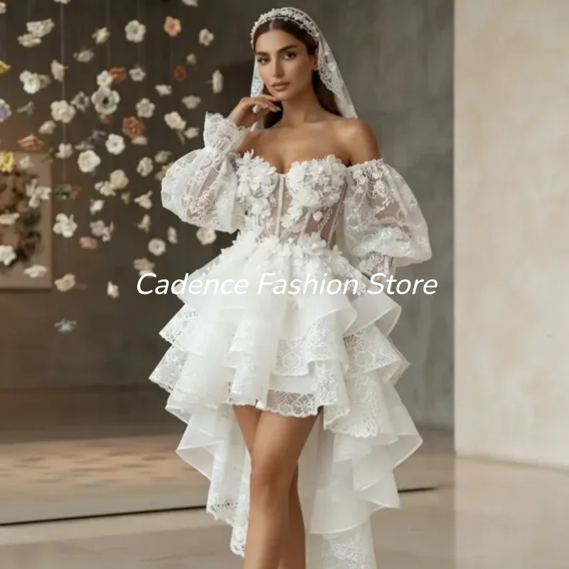 White Lace High/Low Wedding Dress Off-the-Shoulder Bohemian Bubble Sleeves Summer Bridal Gown Customized свадебное платье