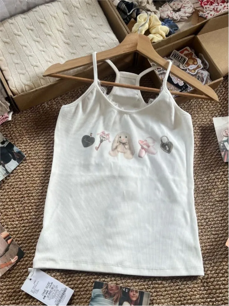

Sweet Rabbit Print Ribbed Slim Camisole Women Summer New Lace Trim U Collar Cotton Tank Tops Cute Fairycore Crop Top Y2K Clothes