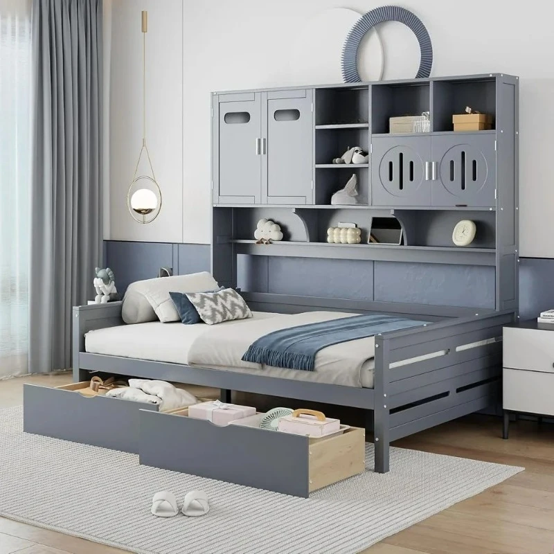 

GrayWooden Daybed with Storage Drawers, Bookcase Headboard, and All-in-One Cabinet & Shelf