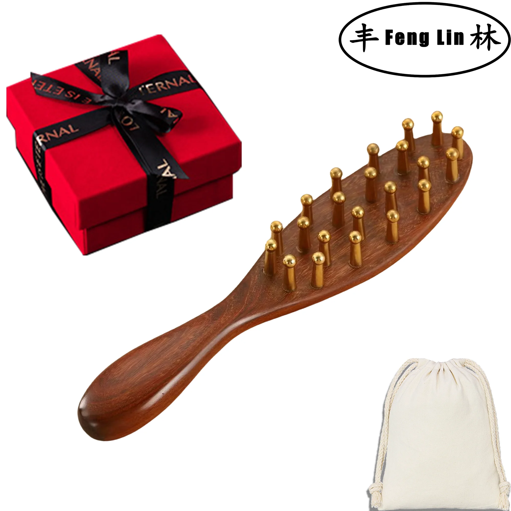 Head Massage and Guasha Tool Brass Long Handled Massage Comb Scalp Head Meridian Comb Thickened Wide Gold Wire Sandalwood Comb