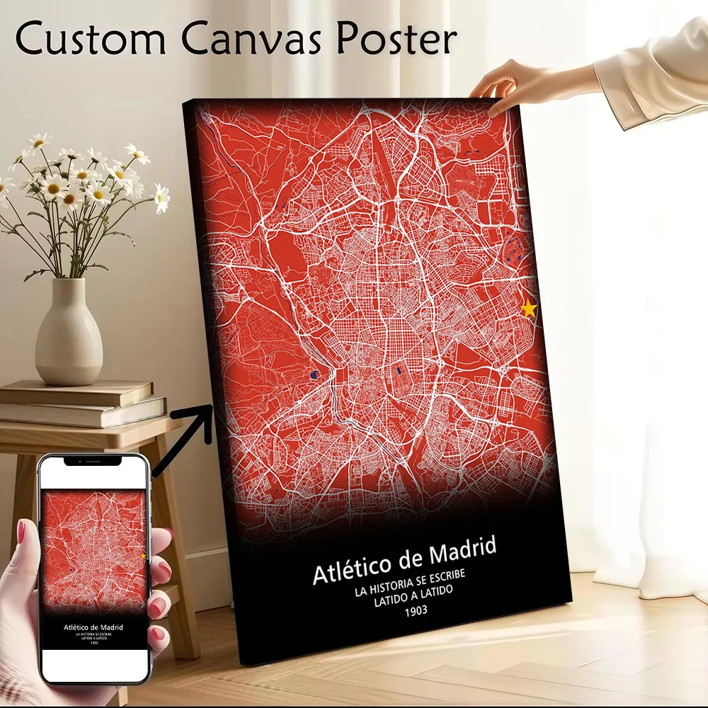 Pôster de mapa da cidade do Atlético de Madrid, arte de parede em tela, impressão personalizada, pintura moderna, presente perfeito para decoração de quarto, mural