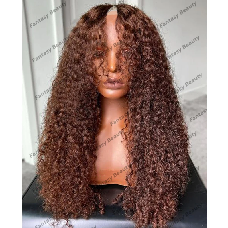 Glueless Remy 100% Human Hair 1x4 V Part Wigs for Black Women 200Density Caramel Brown Natural Kinky Curly Opening V Part Wig