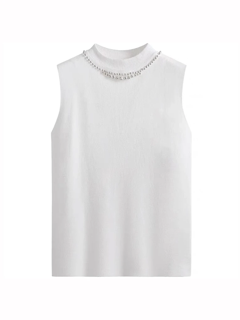 Fall Winter New Bottoming Sleeveless Vest Solid Camisole Inner Suit Beaded Sweaters Half Turtleneck Knitwear Tops B-023