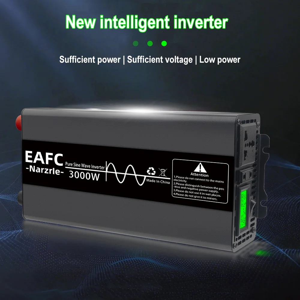 EAFC 3000W Pure Sine Wave Inverter DC12V to AC 220V Portable PowerBank Converter Solar Inverter for Car Home Outdoor Solar Power