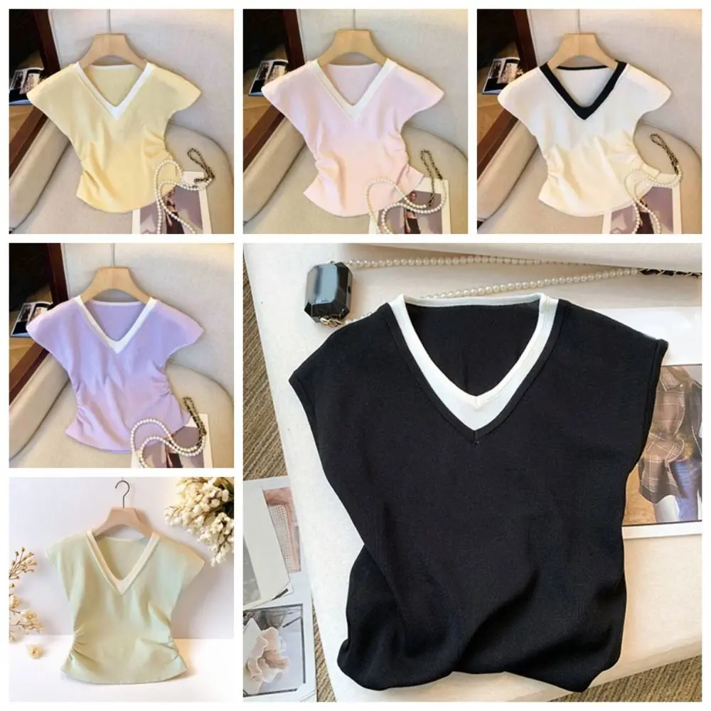 Proste patchworkowe koszulki dwuczęściowe z dekoltem w serek w stylu koreańskim, dopasowany krótki top z krótkim rękawem, słodki top dziewczęcy na lato.