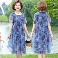 Vestido informal de verano para mujer, Vestidos plisados de manga corta con estampado de mediana edad, vestido Floral de hilo de malla Vintage para mujer
