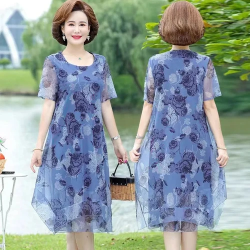 Vestido informal de verano para mujer, Vestidos plisados de manga corta con estampado de mediana edad, vestido Floral de hilo de malla Vintage para mujer