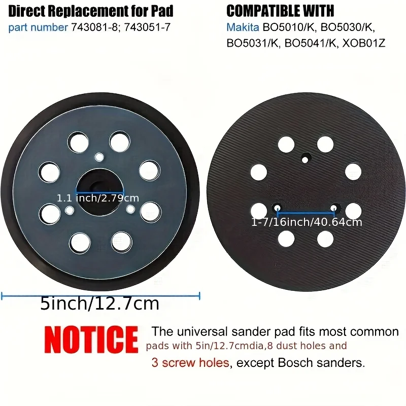 1 шлифовальный станок диаметром 5 дюймов с 8 отверстиями, сменная шлифовальная подушечка с крючком и кольцом, подходит для шлифовальной машины Makita BO5010, BO5030/K, шлифовальной машины