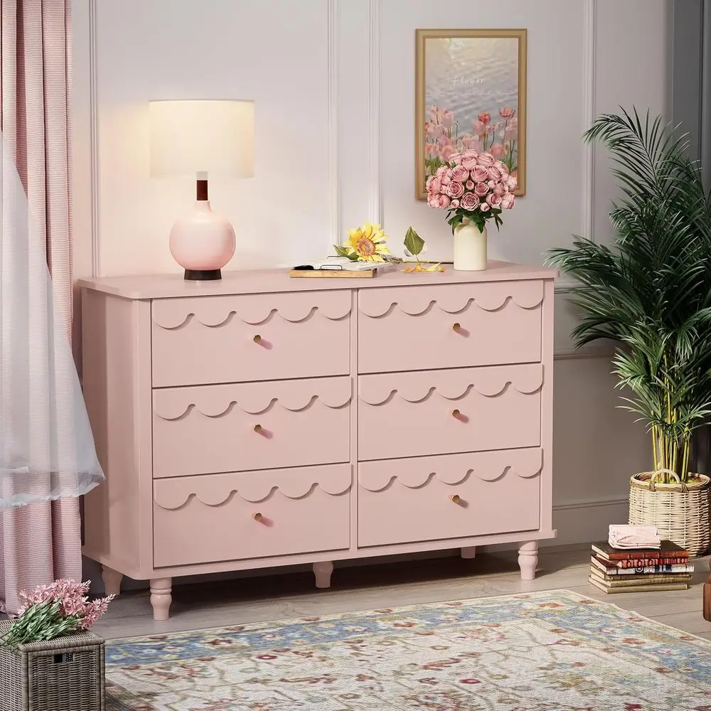

Sculpted Pink Nursery Chests, Kids' Bedroom Wood Dressers with Metal Handles