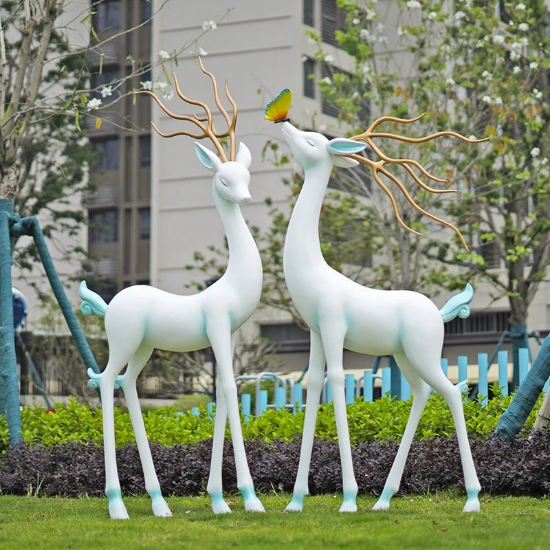 

Outdoor abstract fiberglass white sika deer sculpture lawn garden landscape sales department decorative ornament sketch