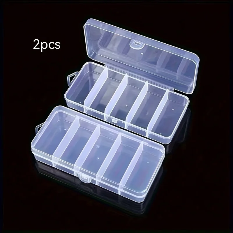 2pcs Clear Plastic Organizer Box Set with 5 Adjustable Compartments - Multipurpose Dustproof Storage Cases Jewelry