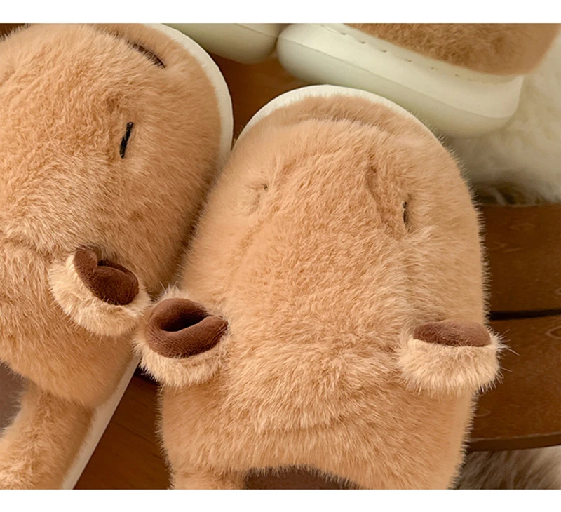 Capybara-Plüsch-Hausschuhe für Damen, flauschige Winter-Mules, Plateauschuhe, Mädchen-Freizeit-Innen-Schlappen, flauschige Fell-Slides, Unisex-Schuhe – Detail 10
