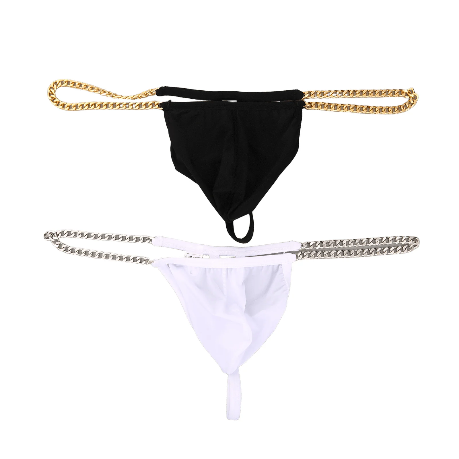 Men's Thong Metal Chain Waist Low Rise Underwear Ultra Thin High Slit Thongs G String Ice Silk Underwear Sexy Lingerie T-back