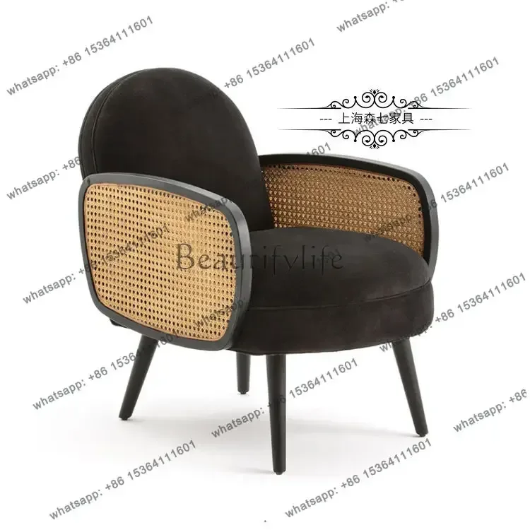 z.Nordic fabric single sofa chair small apartment solid wood braided rattan living room armrest leisure chair