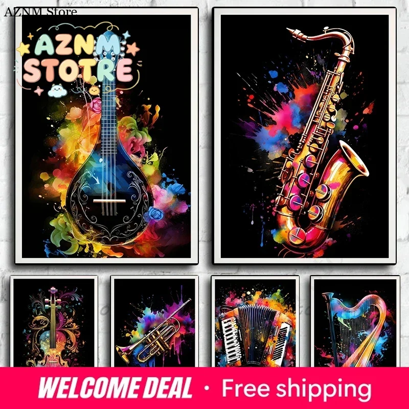Musical Instruments Violin Harp Saxophone Ukulele Poster Print Wall Art Pictures Canvas Painting Living Room Bedroom Home Dec