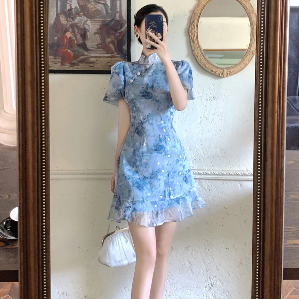 Elegant Princess Style Qipao Improved Chinese New Dress Mandarin Collar Cheongsam Lady Blue Flower Print Vestidos Party Gown