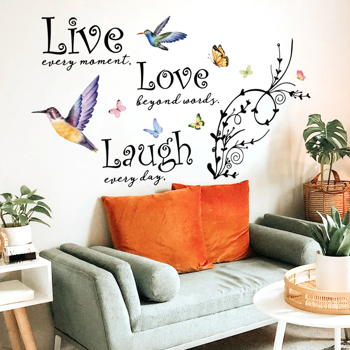 2pcs English Live Branch Bird Cartoon Wall Sticker Children's Living Room Bedroom Study Restaurant Decoration Mural Wall Sticker