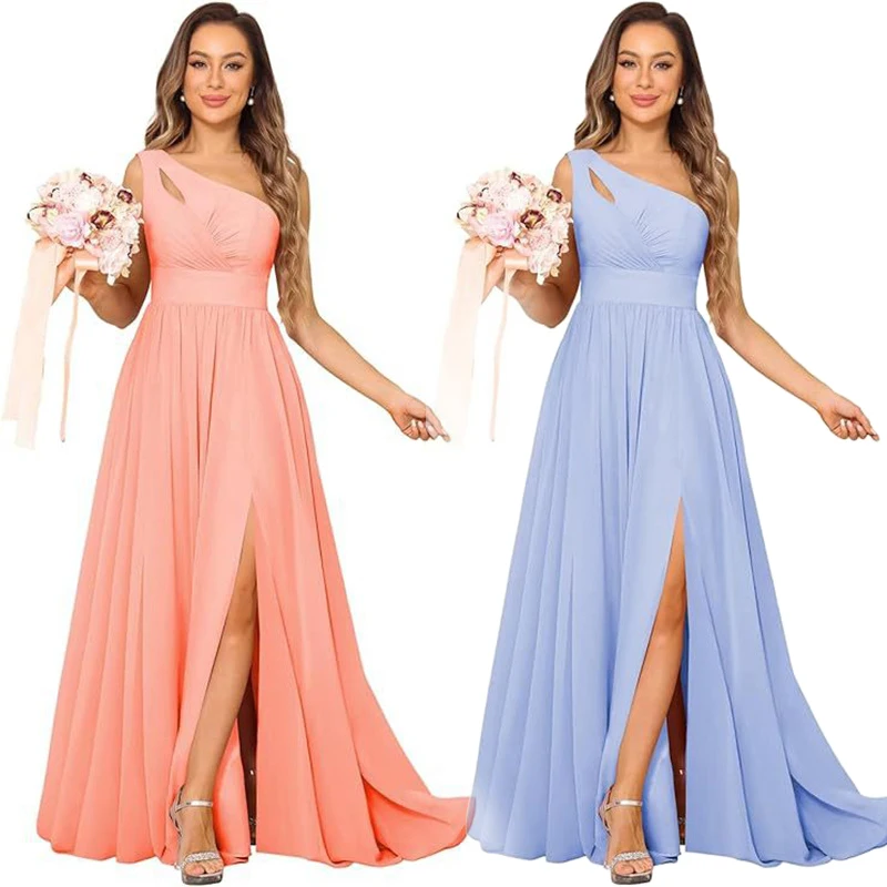 

Линия шифоновых платьев подружки невесты на одно плечо с разрезом и складками Элегантная свадебная вечеринка Формальный выпускной вечер на шнуровке сзади