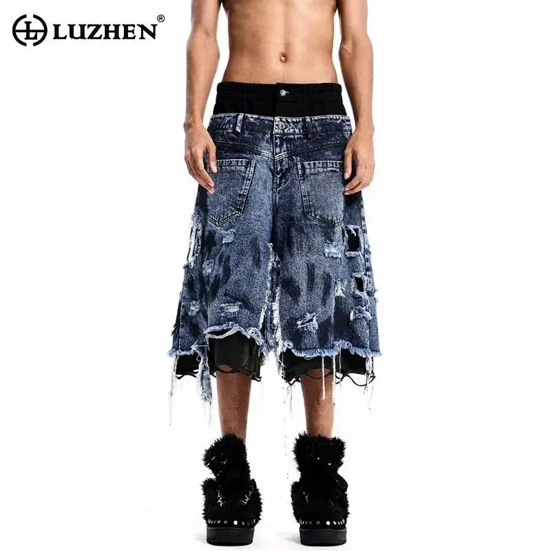 LUZHEN 2026 Summer Personalized Broken Hole Burr Patchwork Denim Cropped Trousers Men's Fashion Loose Double Waist Shorts JY7487