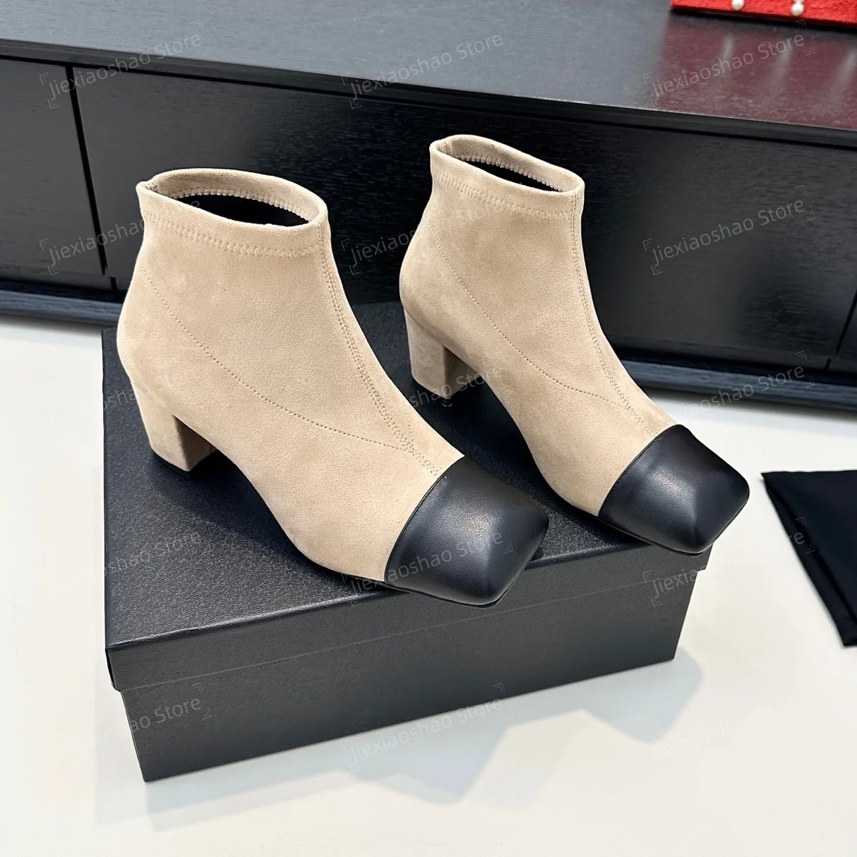 Autumn Winter Top Quality Handmade Cow Suede Square-Toe Chunky Heel Ankle Boots Woman Chelsea Boots Short Boots Sapato Feminino