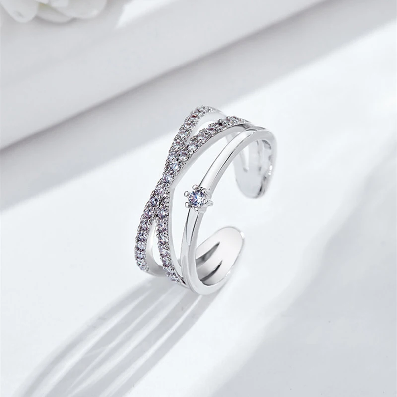 Foxanry Sparkling Zircon Lines Crossed Rings For Women Girls Simple New Fashion Temperament Exquisite Wedding Bride Jewelry Gift