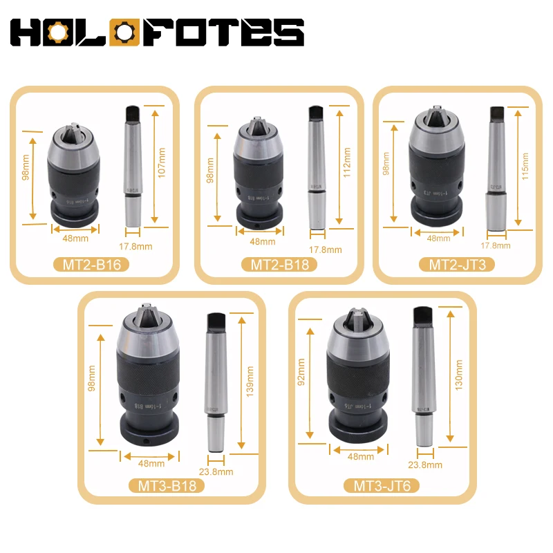 Morse Taper Arbor MT2 MT3 Heavy Duty Self-tightening Drill Chuck B18 B16 JT3 JT6 Clamping Range 1-16mm CNC Lathe Machine