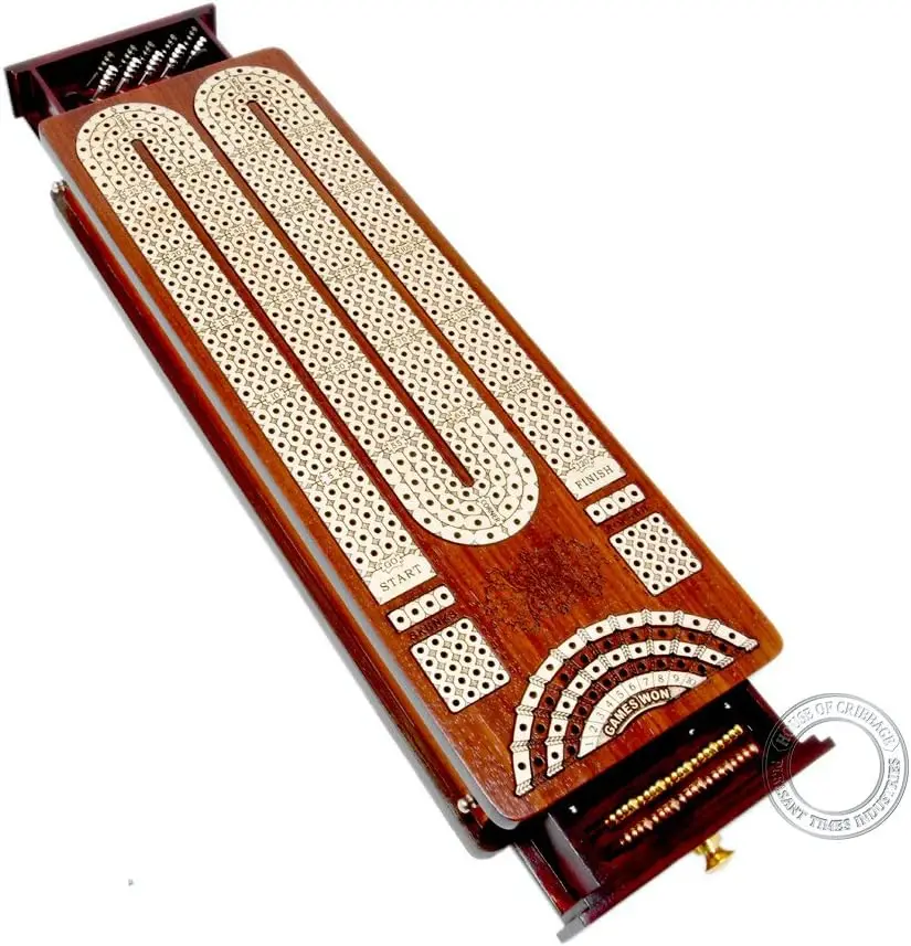 

Непрерывная доска для криббежа, кровавое дерево/клен с боковыми выдвижными ящиками — 4 направляющие, игры Mark Won — House of Cribbage