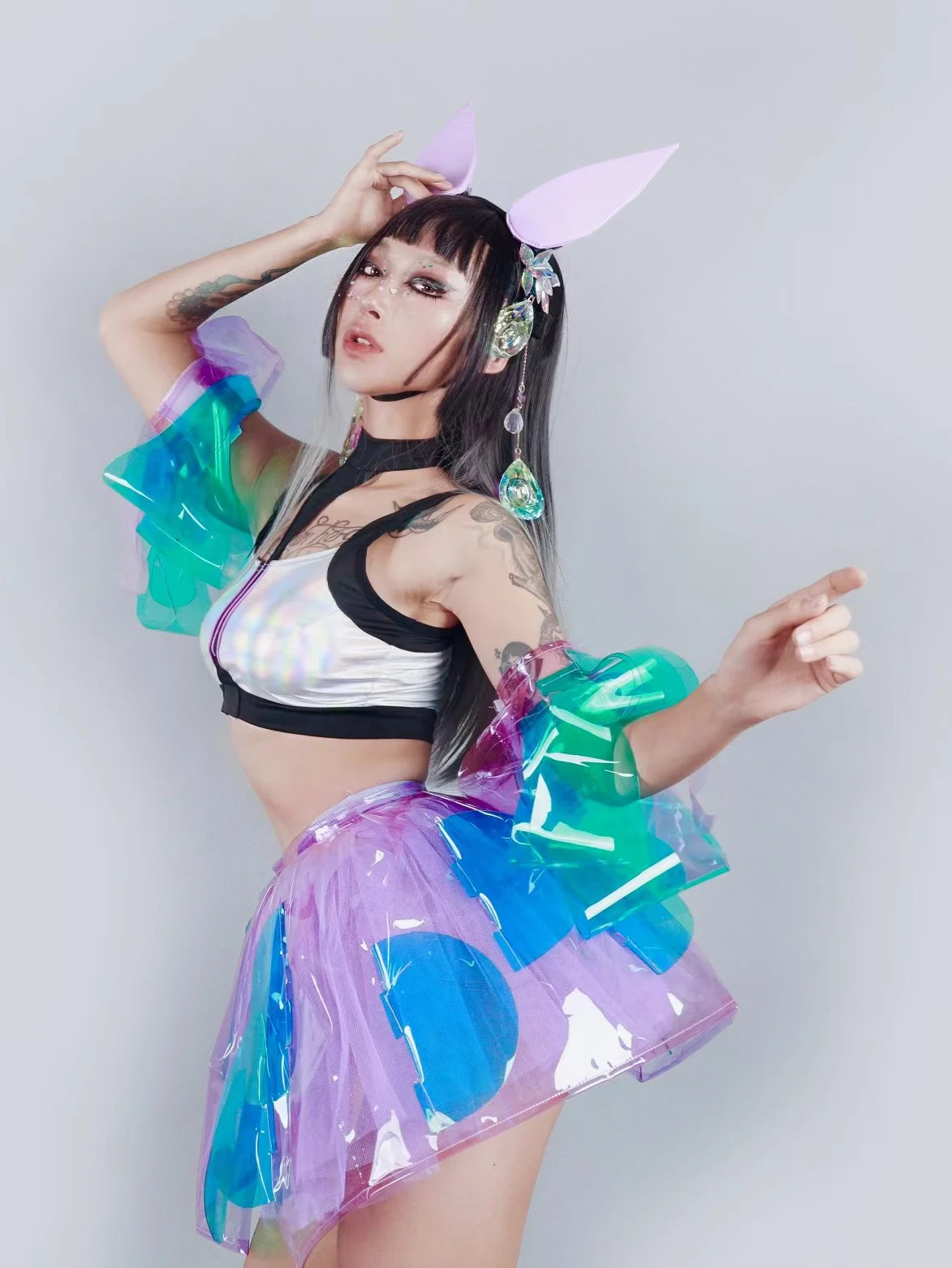 Nowy zestaw damskich ubrań do tańca jazzowego Urocza przezroczysta spódnica z rękawami Gogo Strój do tańca w klubie nocnym Tancerz sceniczny