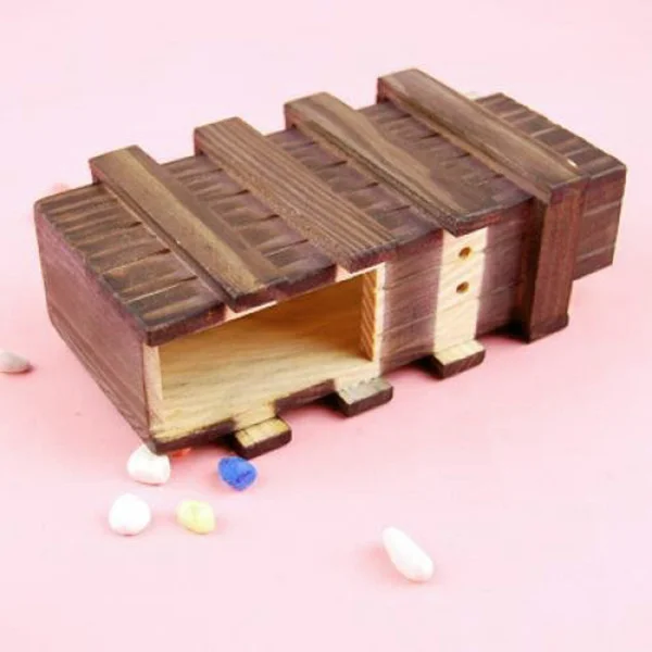 Caja de Rompecabezas de Madera Marrón 16*8.5*5.5Cm Madera Natural Cajón Secreto Para Niños Almacenamiento Seguro Juego Educativo Compartimento Oculto