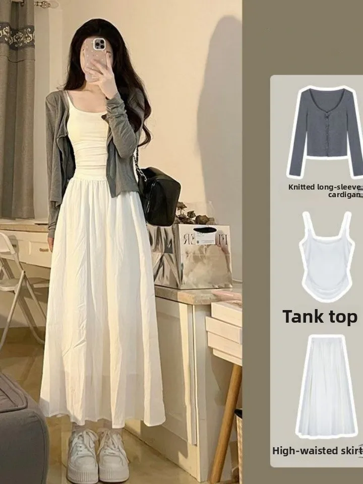 

Женский белый комплект из двух предметов: кардиган и футболка с длинным рукавом, круглым вырезом, высокой талией, однотонный, весенний, в стиле кэжуал