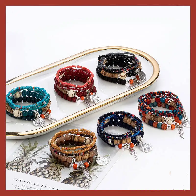 Bohemian Multi Layer Stretch Colorful Seed Bead Bracelets Ethnic Style With Wing Eiffel Tower Charms For Women Western Jewelry