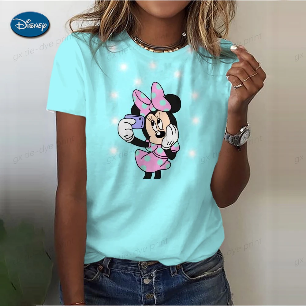 Disney Cute Women's Topolino T-shirt stampata Camicia estiva Camicette da donna di moda 2025 3D Cartoon Minnie Abiti femminili