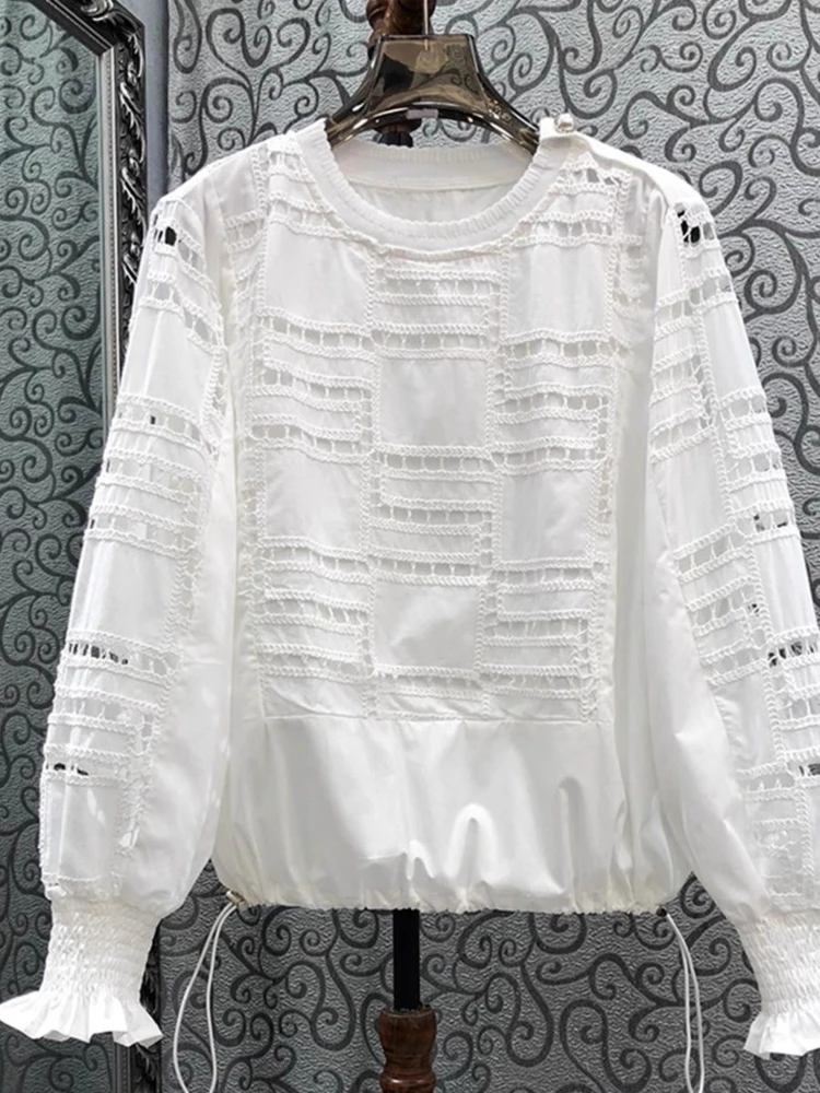 

Matakawa Hollow Out Women Shirts&blouses Solid Embroidered Vintage Sweet Blusas Mujer Korean Fashion Long Sleeve Camisas