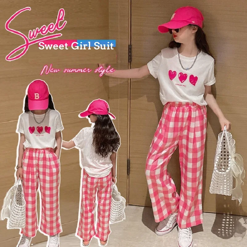 

Summer Casual Girls Sweet White t-Shirt Tops+Loose Plaid Pant Sets School Kids Tracksuit Children 2-Piece Outfit 5-16 Years