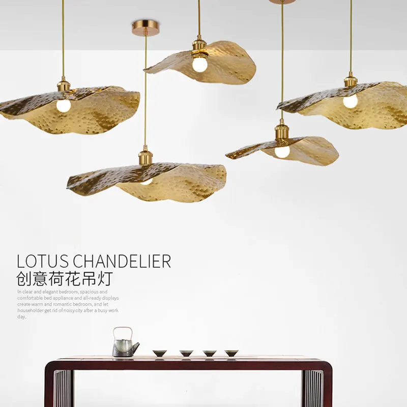 All copper lotus leaf chandelier restaurant bar straw hat small chandelier handmade creative Zhongshan lamps