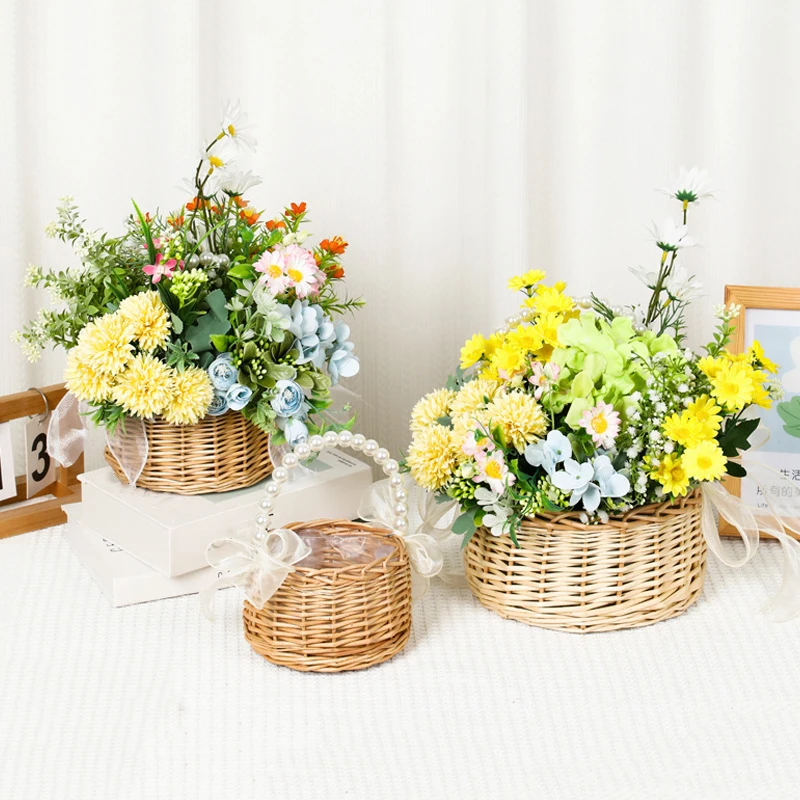 1Pcs Wicker Rattan Flower Child Basket With Pearl Handle And Bow Hand Woven Easter Basket Wicker Basket For Weddings
