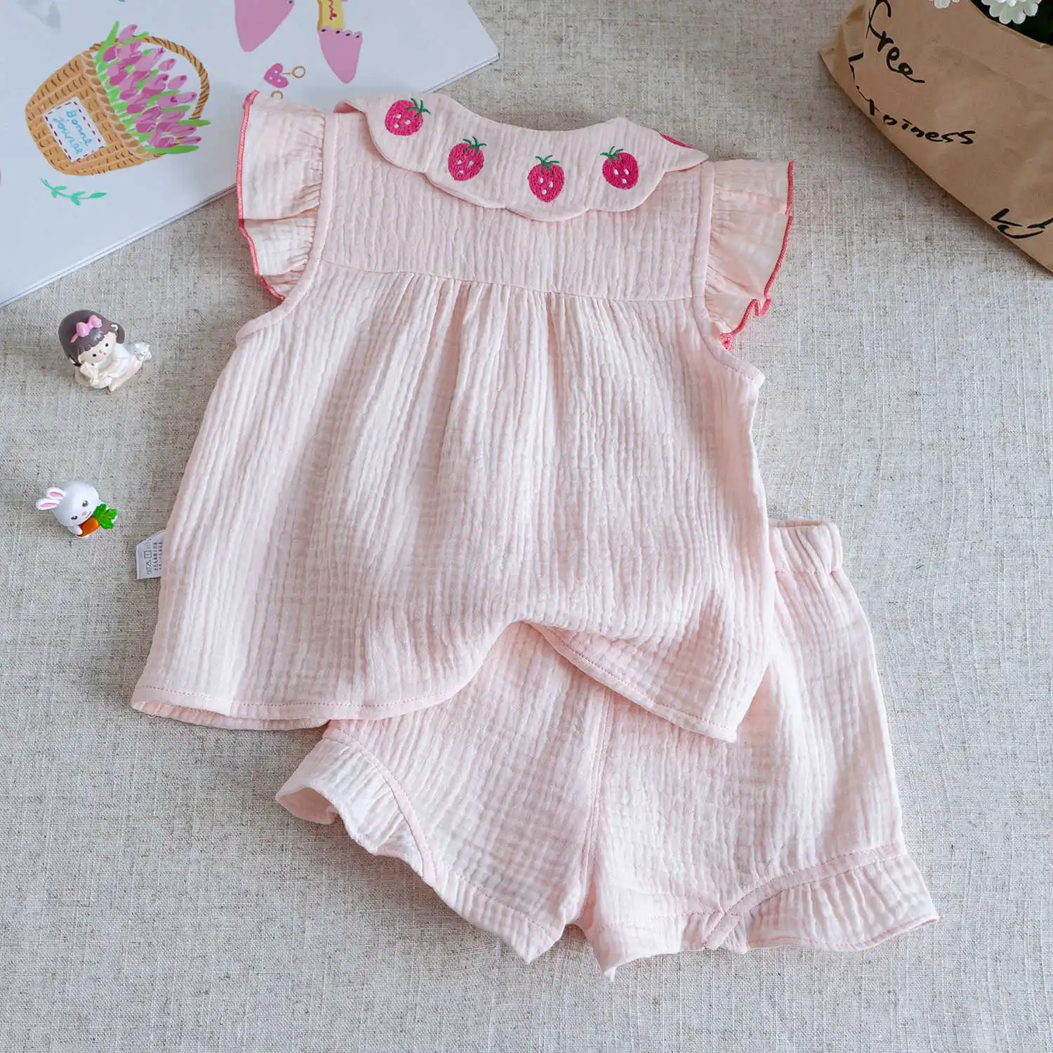Summer Baby Sweet Cute Embroidered Strawberry Shirt+ Shorts Set Korean Style Cotton Breathable Casual Girls Two-Piece Outfit
