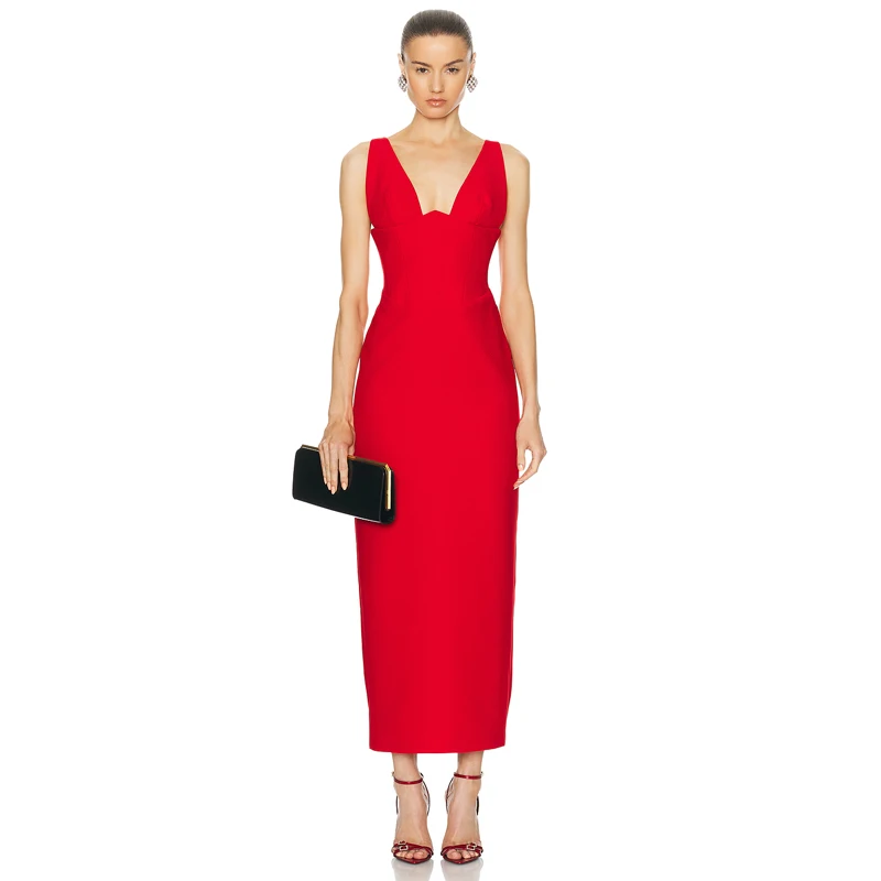 Women's New Slim V-neck Sleeveless Red Long Evening Party Birthday Celebration Day Party Tight Bandage Dresses