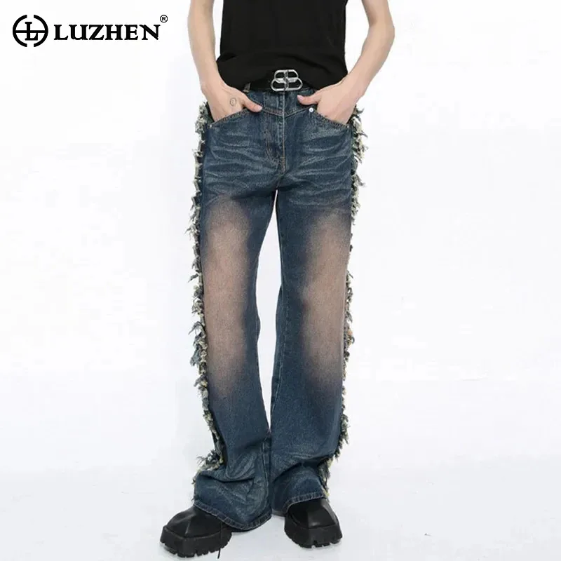 

LUZHEN Tassels 2024 Leg Original Straight Jeans Pants New Spring Zipper Contrast Color High Street Male Trousers Fashion 9C5255