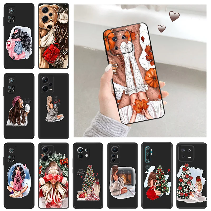 Silicone Soft Phone Case for Redmi Note 13 Pro 4G 5G 12 12c 13c Xiaomi 12t 12x 13Lite 12Lite Christmas Tree Beauty Girl Cover